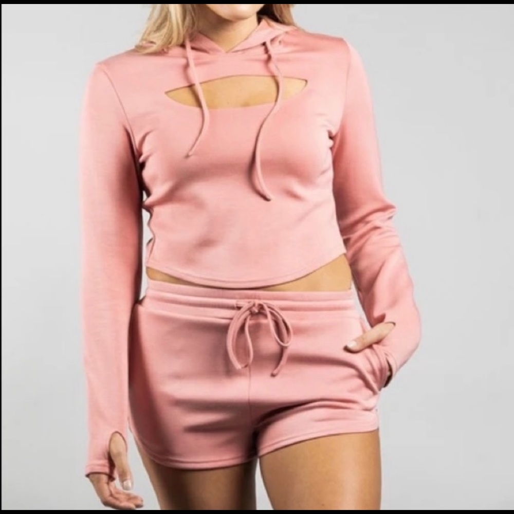 BuffBunny Collection Balance Crop Cutout Hoodie & Shorts - Bellini both size M